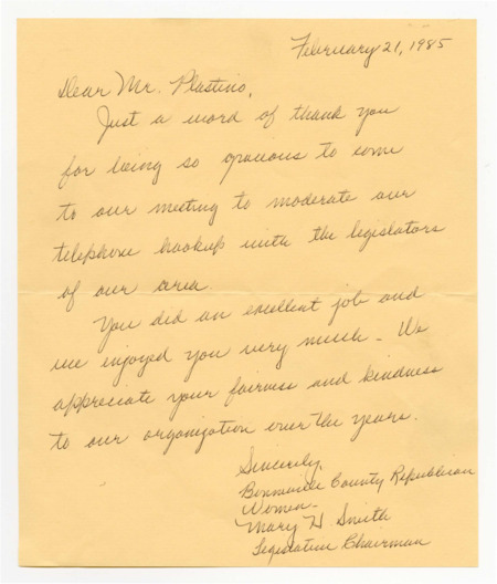 A handwritten letter from the Bonneville County Republican Women to Ben Plastino. Text reads "Dear Mr. Plastino, Just a word of thank you for being so gracious to come to our meeting to moderate out telephone hookup with the legislators of out area. You did an excellent job and we enjoyed you very much. We appreciate your fairness and kindness to our organization over the years. Sincerely, Bonneville County Republican Women Mary H Smith Legislative Chairman"