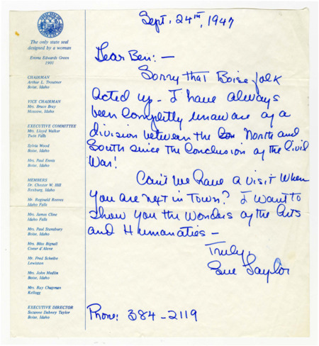 A handwritten letter from Sue Taylor to Ben Plastino. Text reads "Dear Ben: -- Sorry that Boise folk acted up. I have always been completely unaware of a division between the North and South since the Conclusion of the Civil War! Can't we have a visit when you are next in town? I want to show you the wonders of the Arts and Humanities. Truly, Sue Taylor"