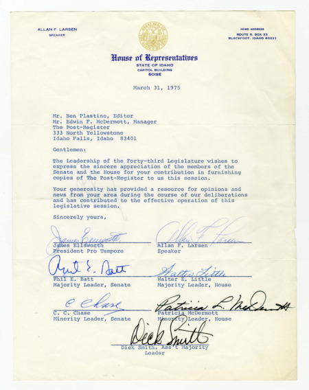 A letter from the Leadership of the 43rd Legislature to Ben Plastino in appreciate for copies of the Post-Register being provided during this session.