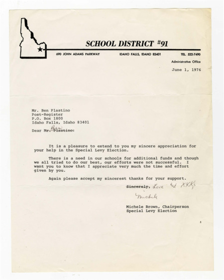 A letter from Michele Brown, Chairperson Special Levy Election, to Ben Plastino expressing gratitude for assistance with the Special Levy Election.