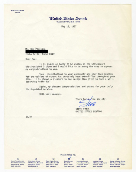 A letter from Senator Steve Symms to Ben Plastino congratulating him on being selected as the Stateman's Distinguished Citizen.