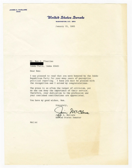 A letter from Senator James A. McClure to Ben Plastino congratulating him for being honored by the Idaho Republican Party.