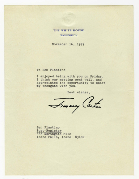 A letter from President Jimmy Carter to Ben Plastino about meeting and talking together.