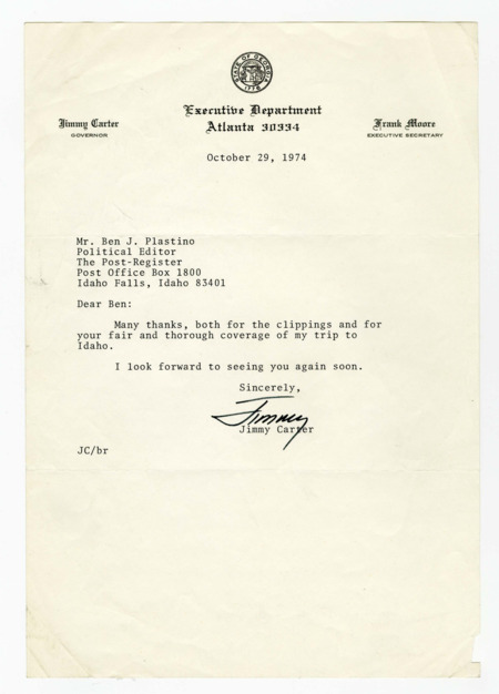 A letter from Georgia Governor Jimmy Carter to Ben Plastino expressing gratitude for covering his trip to Idaho.