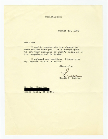 A letter from Governor Cecil D. Andrus to Ben Plastino expressing gratitude for sharing coffee and analysis.