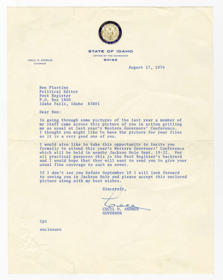 A letter from Governor Cecil D. Andrus to Ben Plastino reminiscing about a photograph from the last year's Western Governors' Conference and inviting Plastino to the upcoming Western Governors' Conference.