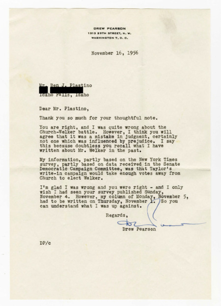A letter from Drew Pearson to Ben Plastino regarding the Church-Welker election of 1956.
