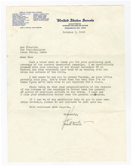 A letter from Senator Frank Church to Ben Plastino expressing gratitude and admiration for Plastino's coverage of the 1968 senatorial campaign.