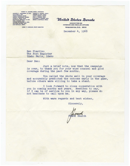 A letter from Senator Frank Church to Ben Plastino expressing gratitude and admiration for Plastino's coverage of the 1968 political season.