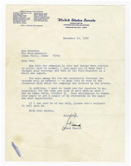 A letter from Senator Frank Church to Ben Plastino expressing gratitude and admiration for Plastino's coverage of the 1970 political season.