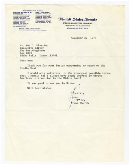 A letter from Senator Frank Church to Ben Plastino about the senator's stance on the Middle East.