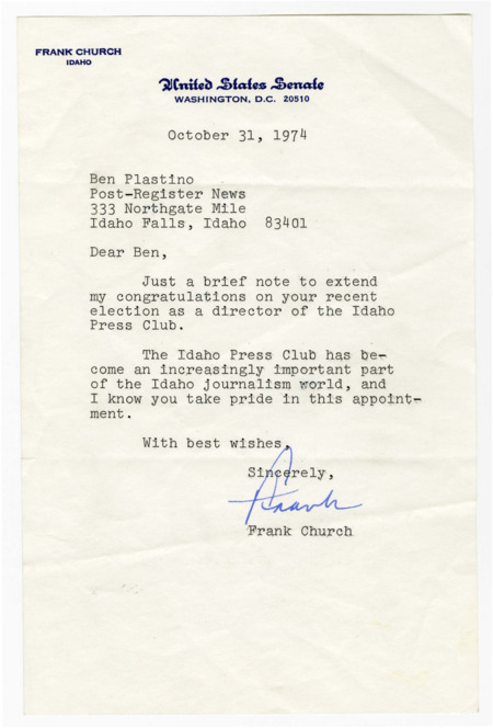 A letter from Senator Frank Church congratulating Ben Plastino on his election as director of the Idaho Press Club.