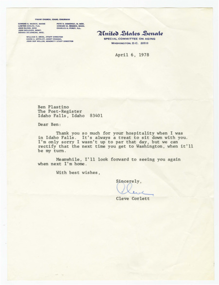 A letter from Cleve Corlett thanking Ben Plastino for his hospitality while Corlett was visiting Idaho Falls. Written on Senator Frank Church's letterhead.