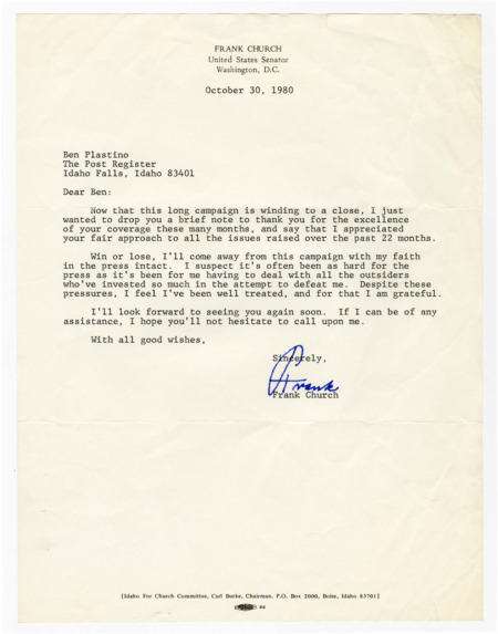 A letter from Senator Frank Church to Ben Plastino expressing gratitude for excellent coverage over a challenging election season.
