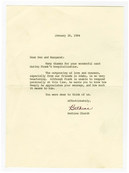A letter from Bethine Church thanking Ben and Margaret Plastino for the card sent during Frank Church's hospitalization. Expresses Frank's gratitude.