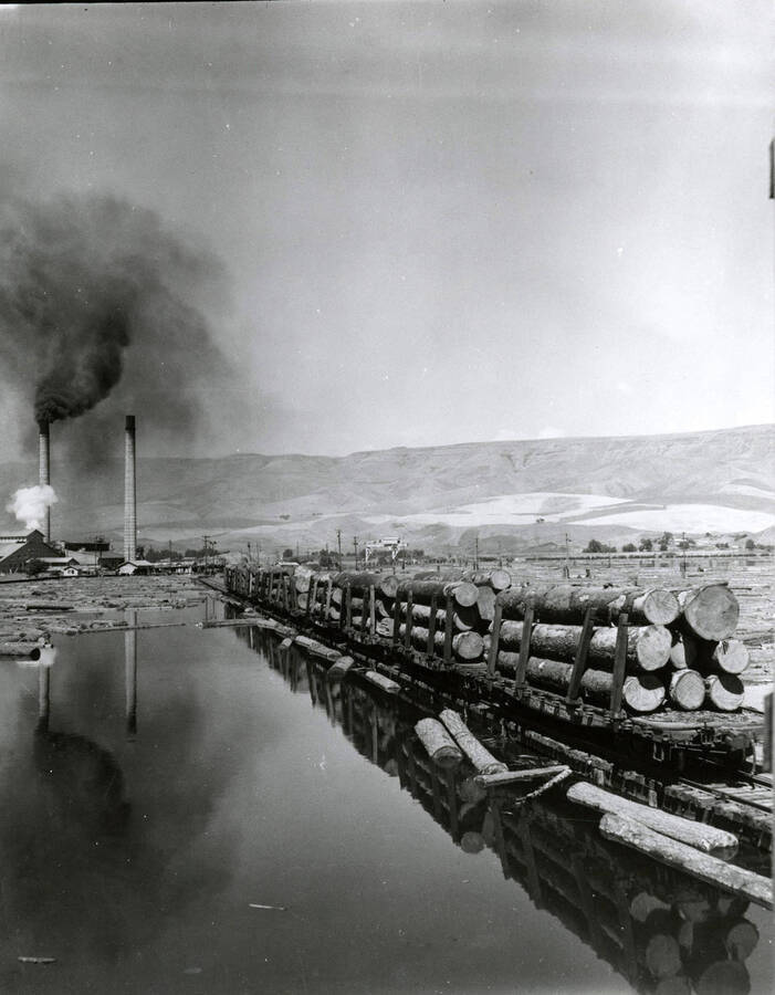 Logs wait on flat railcars to be unloaded into the log pond. In the background, the mill produces black smoke.