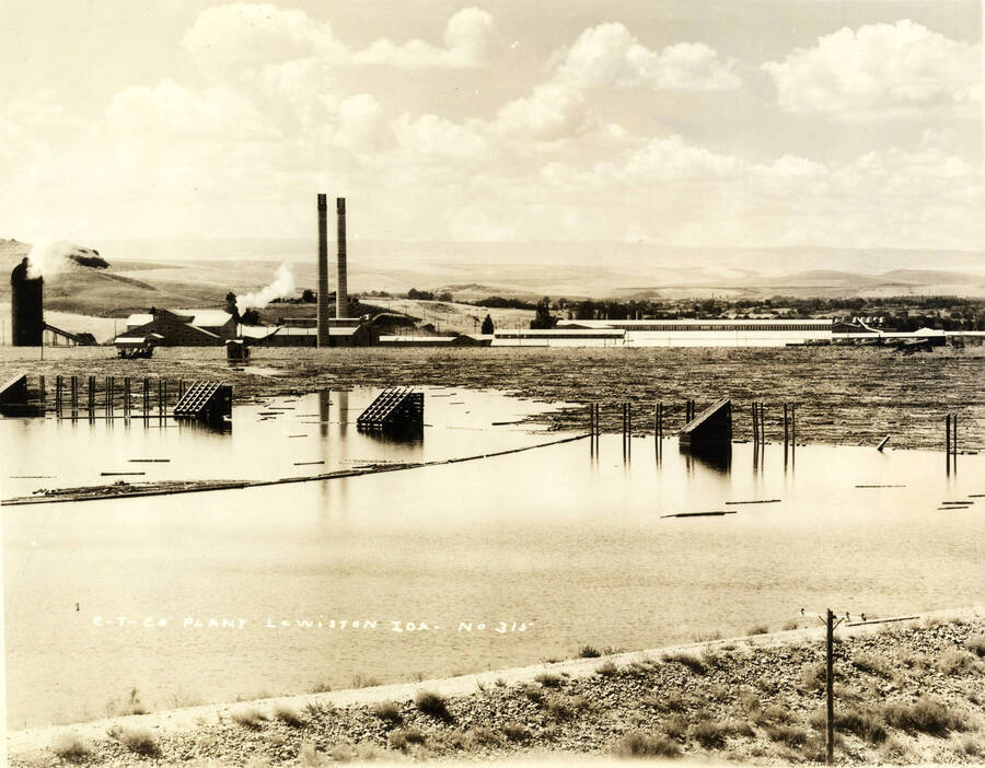 Looking towards the mill over the log pond. This photograph was taking from the Clearwater river side of the mill. In the background towards the right hand side of the picture is the town of Lewiston, Idaho. Written on the photograph is 'CT CO Plant Lewiston Idaho No. 315.'