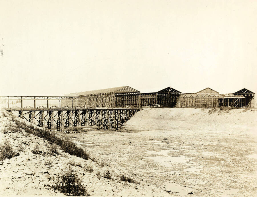 Looking at the rough-dry sheds that still under construction at the Lewiston Mill. Written on the photograph is 'Rough Dry Sheds 6/21/1927 No. 295.'