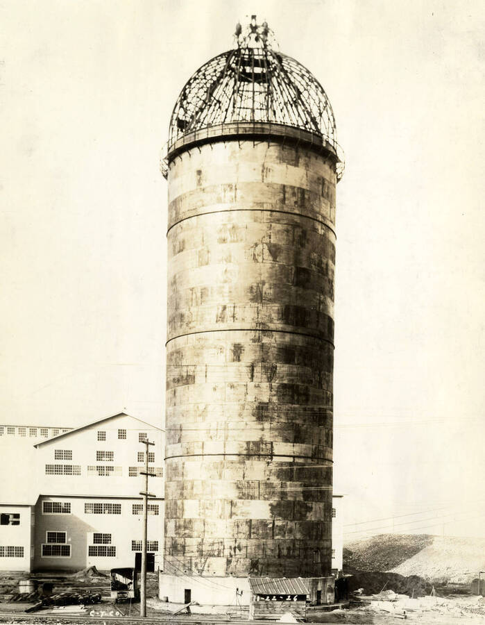 Large circular structure is almost completed at the Lewiston Mill. It's dome has it's framing but is not yet completed. Written on the photograph is 'CT CO 11/22/1926.'