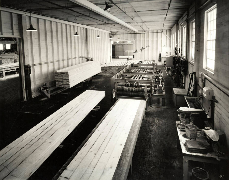 The interior of the lumber mill. Lumber lies piles in both the foreground and the background of the photograph.