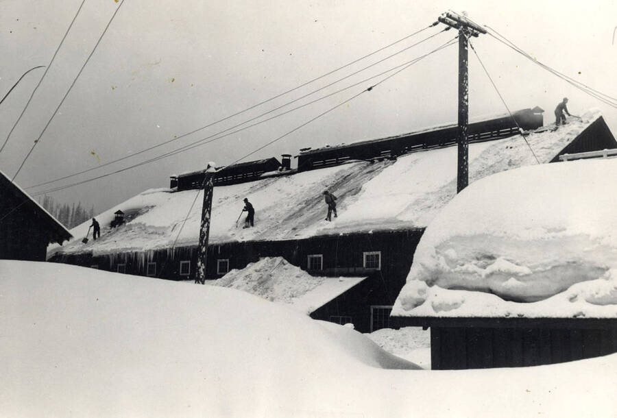 Shovelling snow from the roof of a train shed. The Job of shovelling snow from the roofs of Headquarters buildings was almost endless, with fresh snow falling every night. Only the chore of digging out railroad switches, frogs, and crossing was worse and had to be done oftener' (Description taken from the board that the photograph is on).