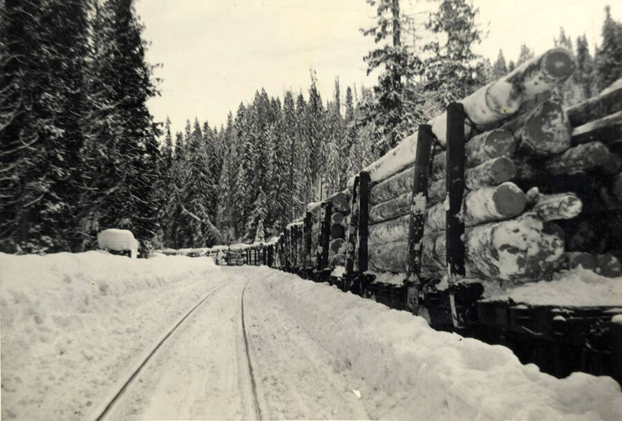 Log train at Headquarters, Idaho, ready to leave for the Lewiston Mill, some 120 miles away, January 29, 1943. It had stopped snowing (temporarily) and a big rotary plow had finally completed plowing out the railroad between Headquarters and Orofino after a several days plug-up because of too much snow. P.F.I. Railroad crews were not so fortunate and the wing plows used to push snow from the tracks leading from Headquarters to camps 27, 29, 14, 51 and 52 were unable to keep the snow off the rails. Camp 14 was finally closed early n February. Snow between the rails rolled up ball-like to derail locomotives, forcing one delay after another, and many are the stories related by lumberjacks of log flats that failed to take a curve because of packed snow between the rails and simply continued out into the timber instead of down the railroad right-of-way.'