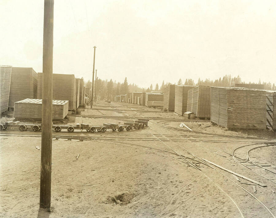 The lumber yard at the Rutledge Mill in Coeur d'Alene, Idaho. Also pictured in the photograph is the train system used to move lumber from place to place