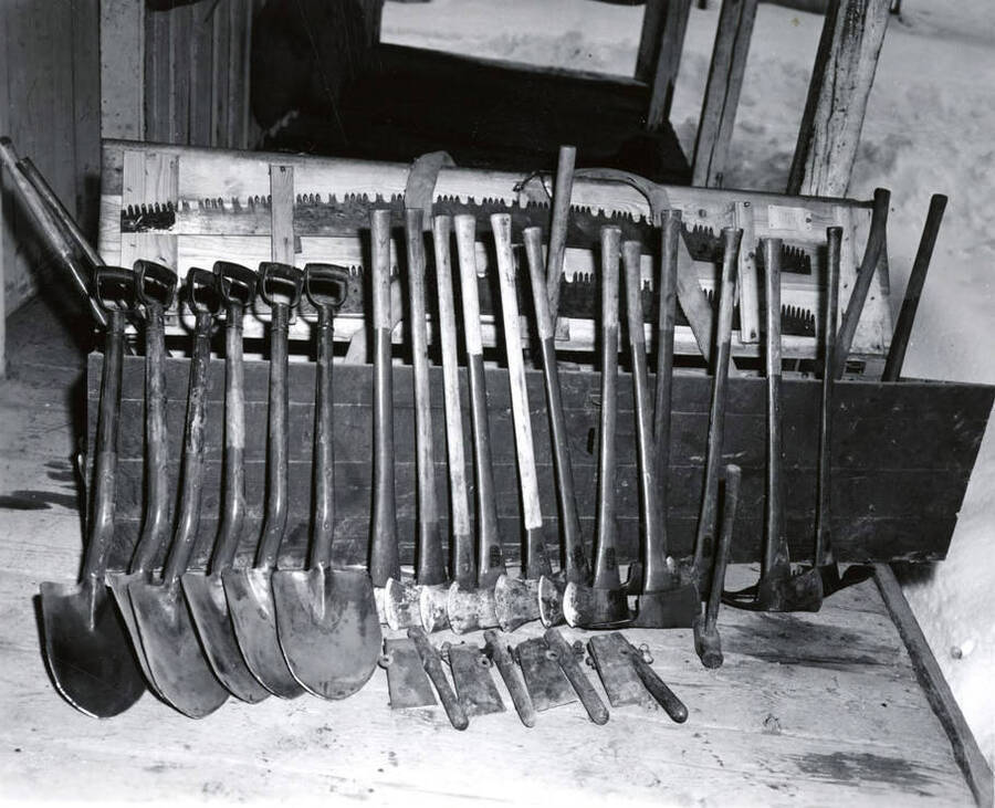 A set of tools for fighting forest fires. Included are shovels, axes of two sizes, saws, pick axes, and a sledge hammer. The description on the back reads "TPA tool cache A. B. Curtis photo file"
