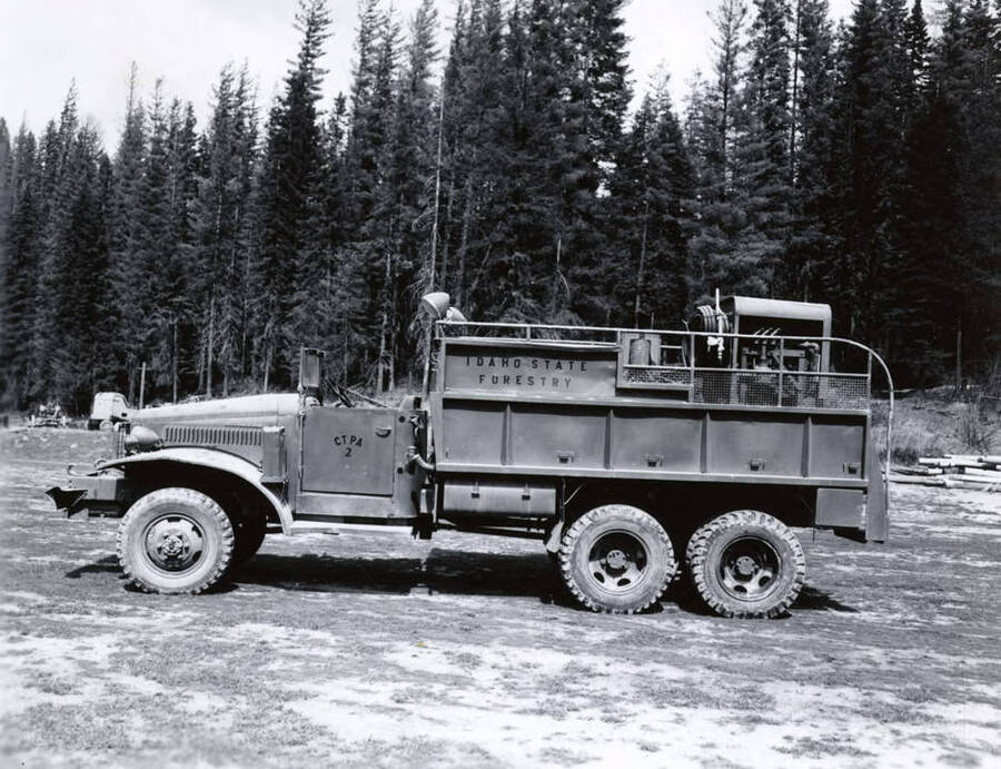 A fire engine truck. On cab it says 'CTPA 2' [Clearwater Timber Protective Association]. On the truck it says 'Idaho State Forestry'