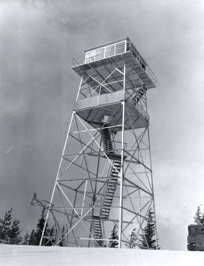 The fire watch tower on Elk Butte in the winter.