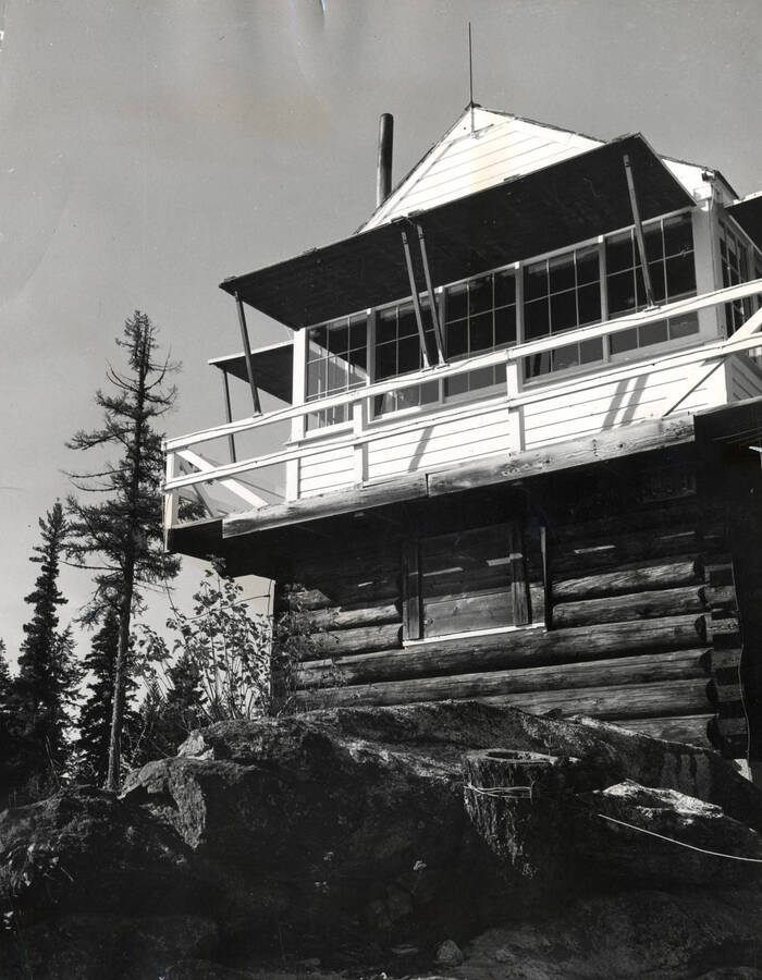A two story wooden fire lookout station. On the back of the photograph is stamped with "Photography Garber Sturges 3228 west 6th street, Los Angeles 5 dunkirk 81555."