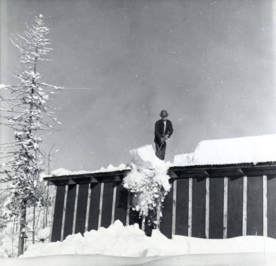 A man shovels snow off the roof of a building.