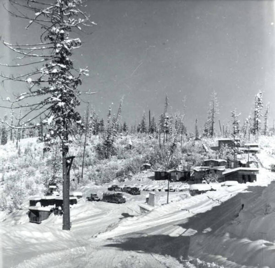 Camp X is covered with snow. Printed on the photograph is "July 1965", written on the photograph is "CP X."