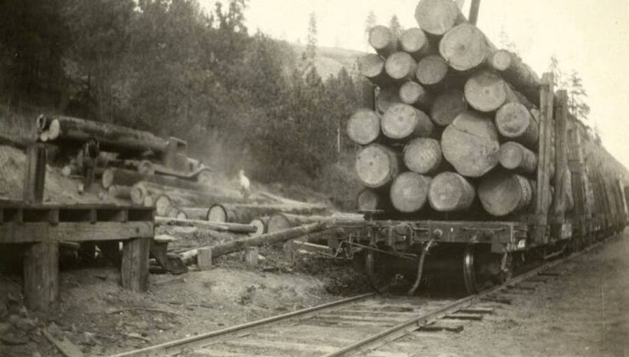 Logs are piled next to flatcars waiting to be loaded. Written on the back of the photograph is 'Loading Logs at Peck from Sec. 30-38 N R I E - C. H. Pippinger.'