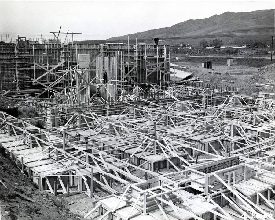 The wood framing of one of the buildings under construction at the Clearwater paper mill plant
