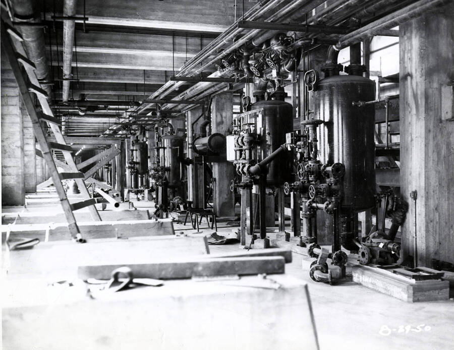 The interior of one of the buildings at the Clearwater paper mill with machines installed.