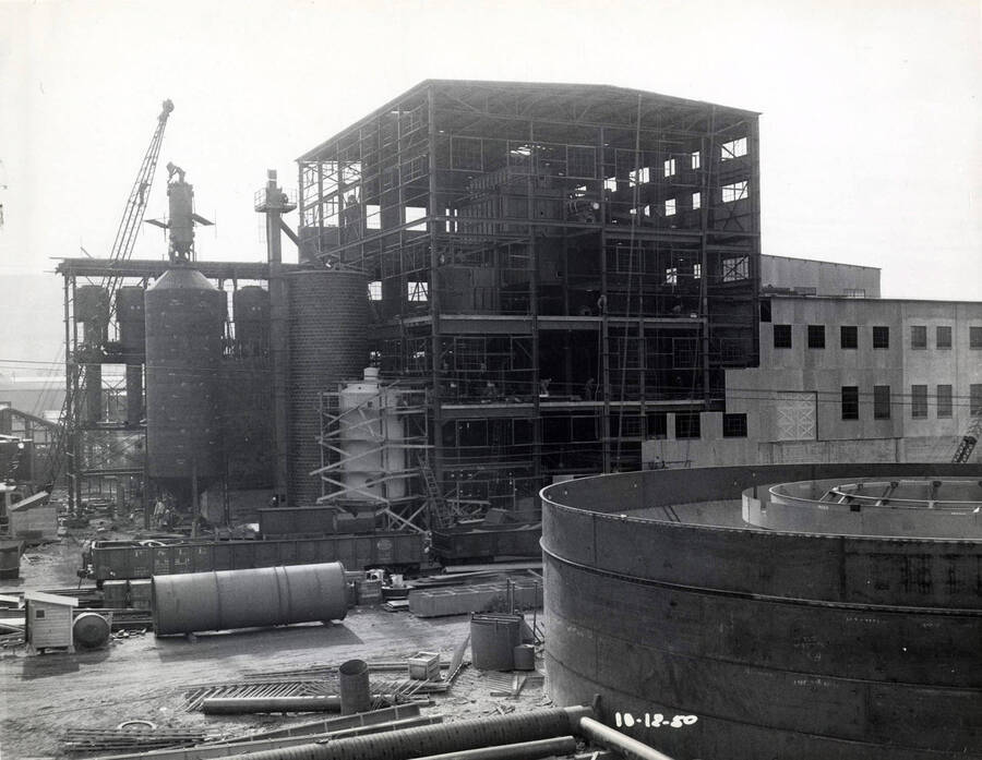 A view of the Recovery and Boiler room building as it connects to the paper mill plant.