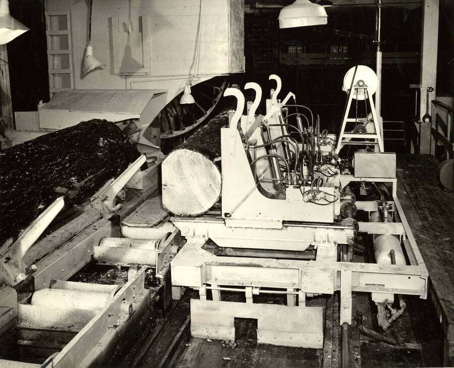 On the left-hand side of the photograph, a log waits to be put through the saw. In the middle of the photograph, a log goes through the saw. The description on the back of the photograph reads "Head saw."