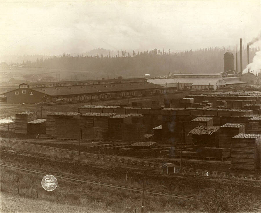 Five plate panoramic view of the plant over the lumber yard from north. (Description taken from American Lumberman papers found within the folder). Photograph taken between September 28 and October 4.