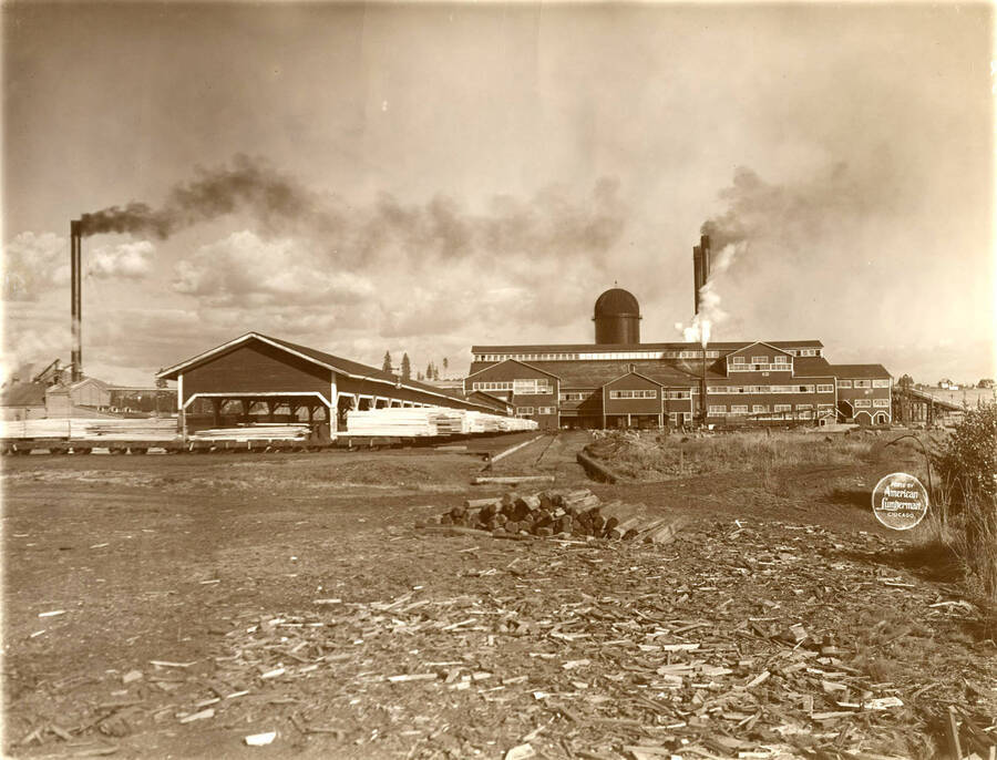 Closer view of sorting shed and saw mill, also stack of planing mill. (Description taken from American Lumberman papers found within the folder) Photograph taken between September 28 and October 4.