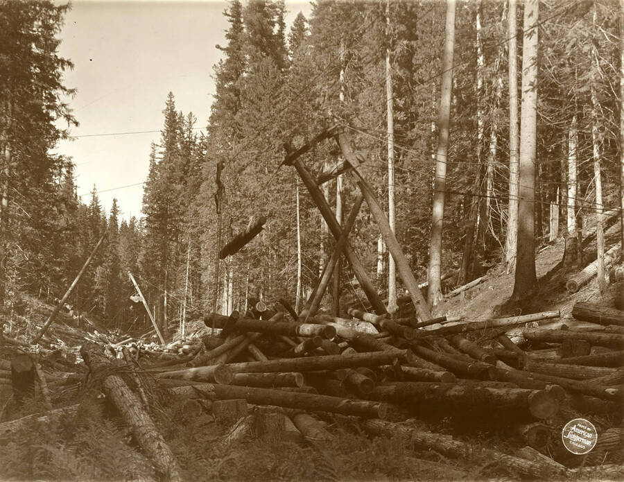 The Cable splice rig, and logs on the ground from right of way. Description taken from American Lumberman papers found within the folder. Photograph taken between September 28 and October 4.