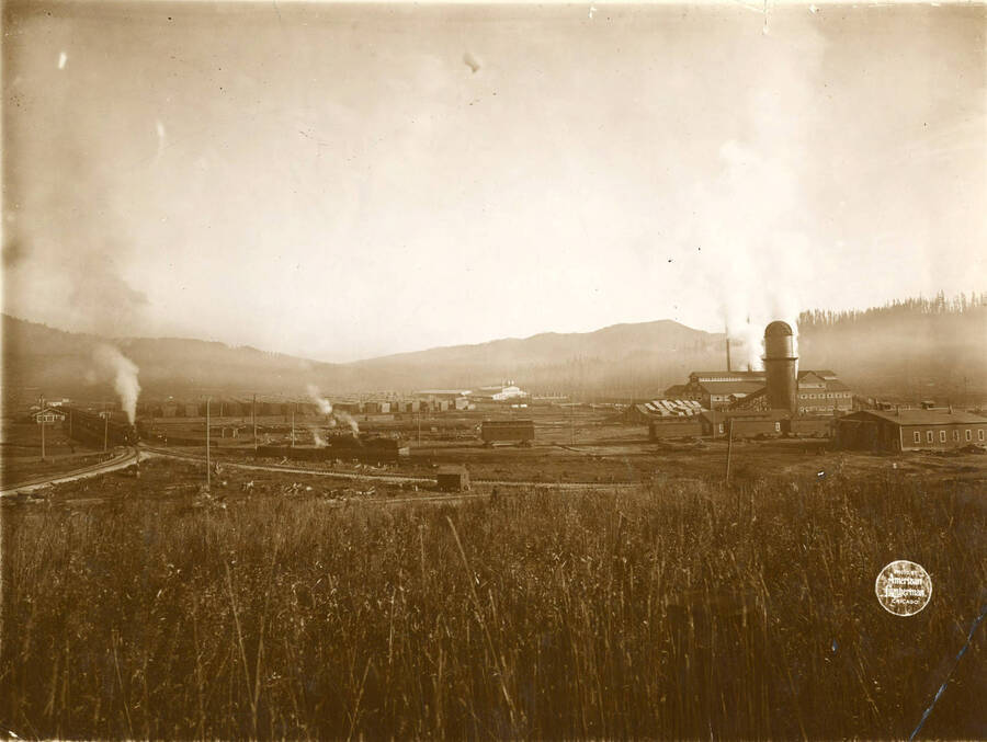 Saw Mill, Dry Kilns, Planing Mill and lumber yard from southeast. Description taken from American Lumberman papers found within the folder. Photograph taken between September 28 and October 4.