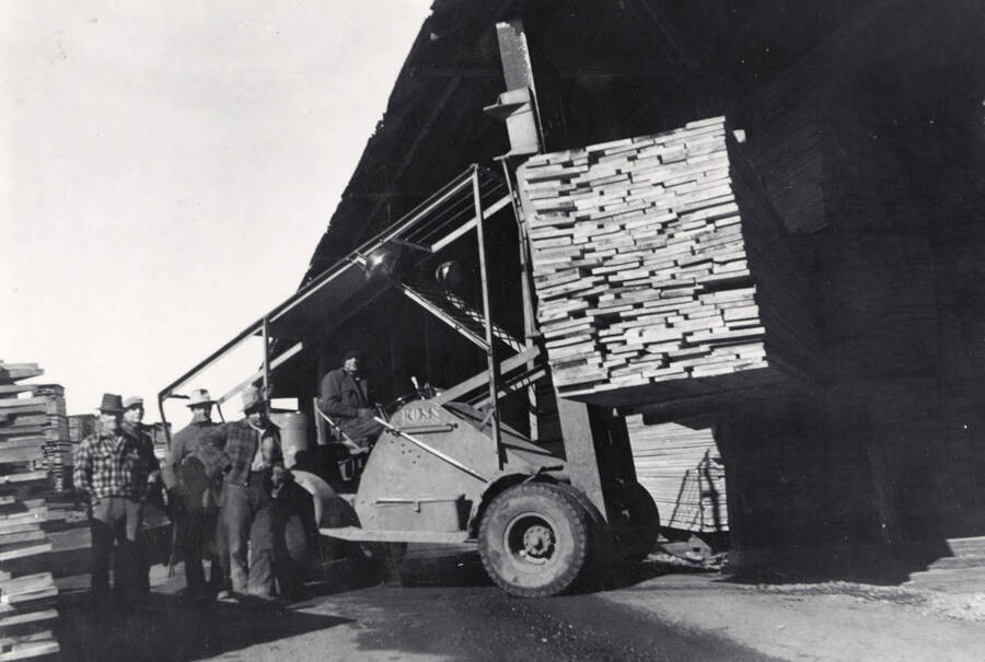 lumber stacked on a Ross fork lift truck.