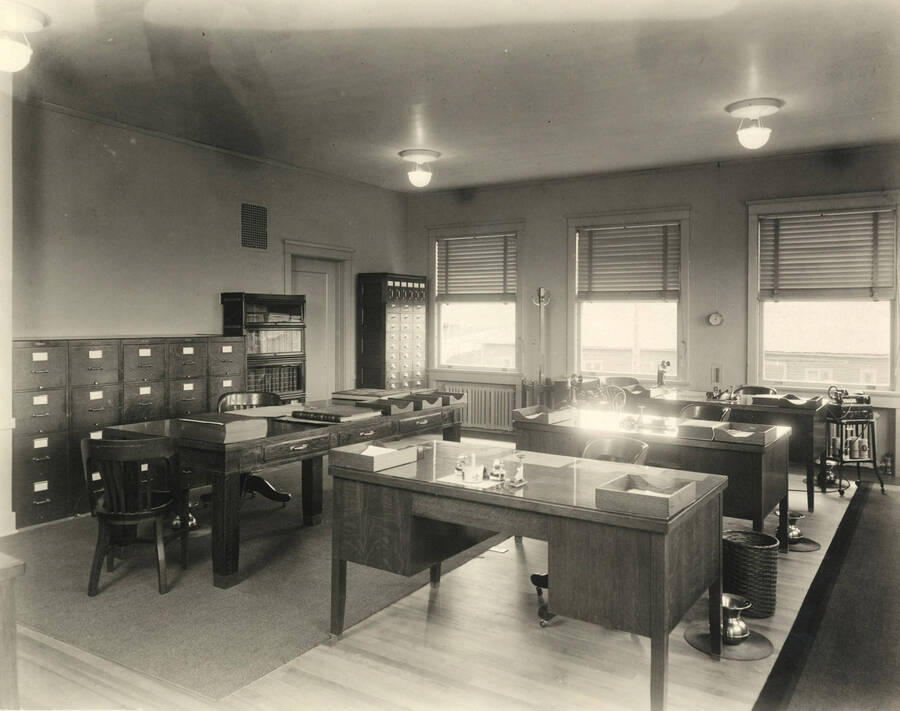 Interior of Sales Department looking south.  Note spittoons by each desk.