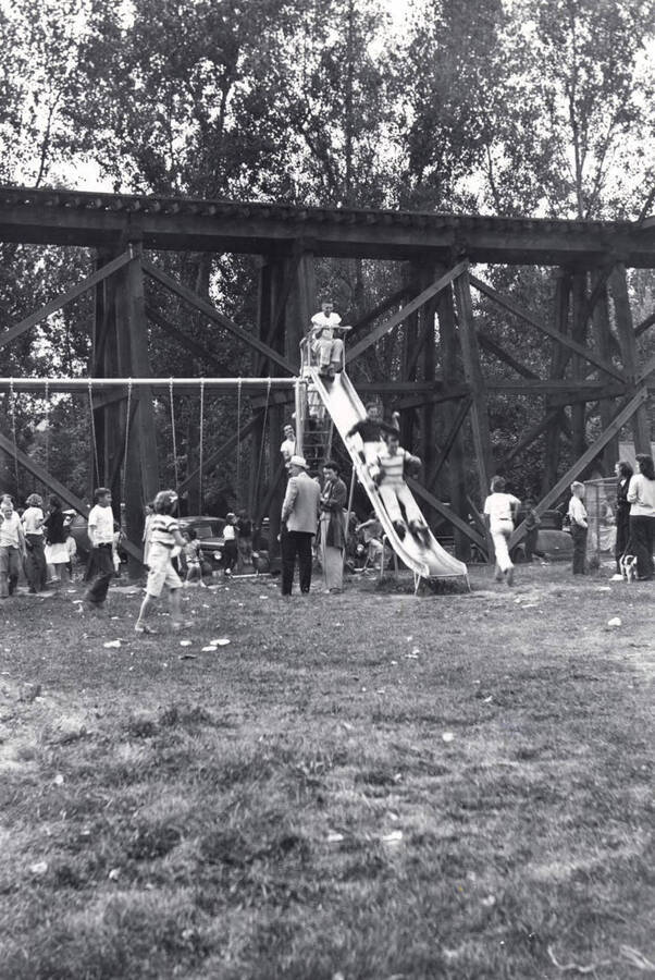 Children enjoying the slide and swings at Palouse Town Park.