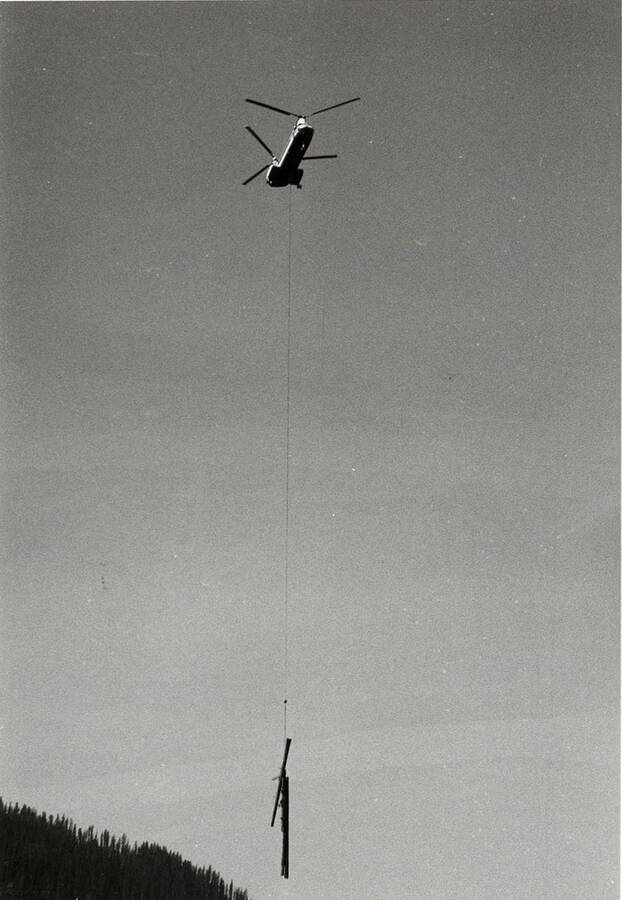 A Vertol twin rotor helicopter flies a load of logs to the log deck.