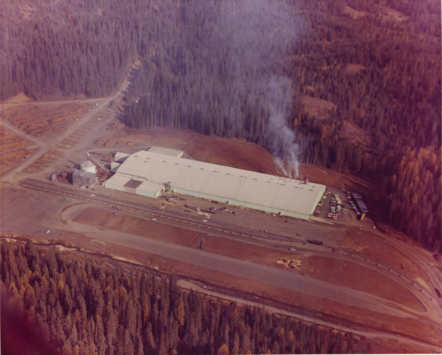A color aerial photograph of the Jaype Mill. To the left of the mill are log decks. Behind the mill are un-harvested forests. In front of the mill are the rail lines and empty space for log decks.