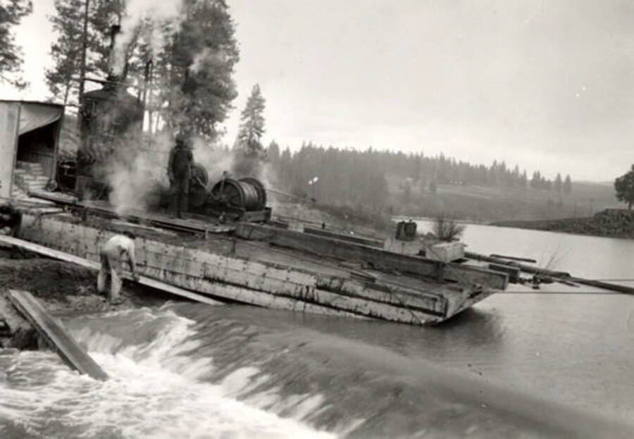The Potlatch Navy, a multipurpose craft used as an icebreaker, pile driver, skyline rig and sea-going donkey engine on the pond launching the barge in the pond.