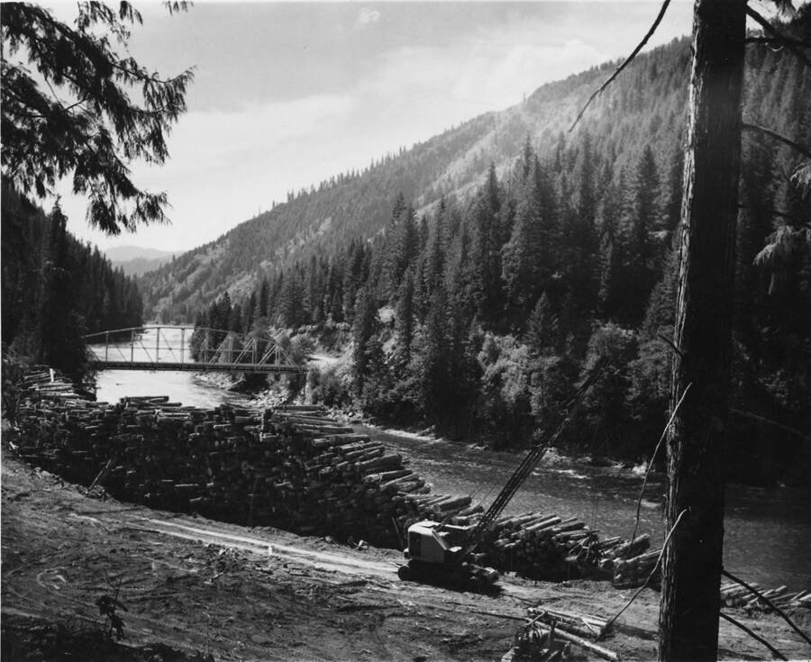 The description on the back of the photograph reads: 'Approx. 45 million board feet of logs are 'driven' to Lewiston, Idaho each year in one of the few remaining major log drives in the U.S. This deck of logs at Benton Creek on the North Fork of the Clearwater River in Idaho is only one of several stored on the banks by PFI each summer and winter in preparation for the drive into he spring.' In front of the log deck sits a crane ready to move logs into the creek. In the background of the picture is a bridge the crosses the creek.