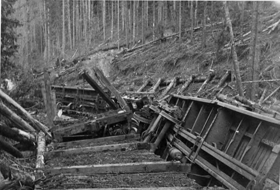 The wreckage of train that tipped off the tracks near camp 14.